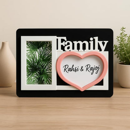 Family Photo Frame with Dual Picture Slots, Decorative Family Text, Black with White Border and Pink Love Shape