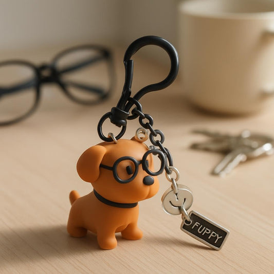 Funny Dog Keychain with Glasses - Brown Silicone Accessory