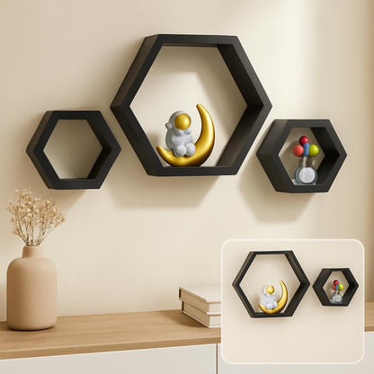 Hexagon Wall Shelves Set of 3, Black Floating Shelves for Home Decor