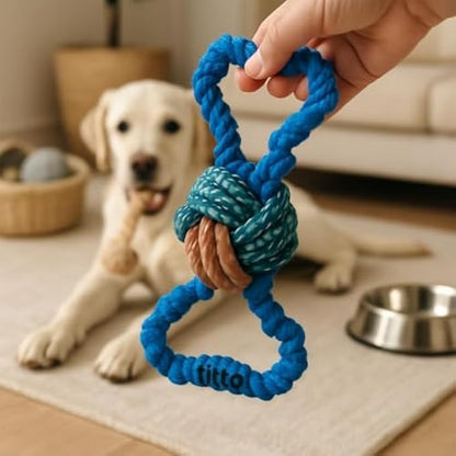 Blue Cotton Dog Rope Toy 19x9cm - Knotted Tug & Chew Toy for Puppies Small Medium Dogs, Ball Tug Fetch Dental Cleaning