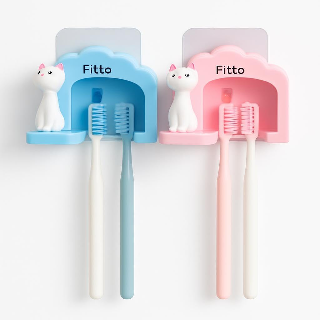 Cat Toothbrush Holder – Wall-Mounted Design – Blue & Pink – 2 Pack