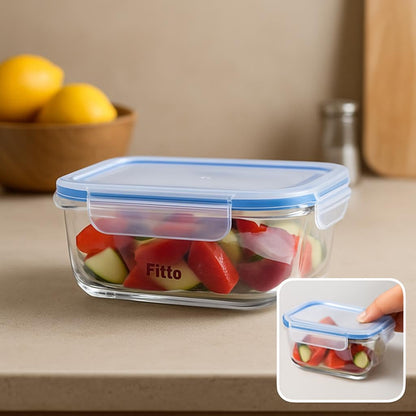 Square Glass Storage Food Container, 1000ml, Airtight Lid