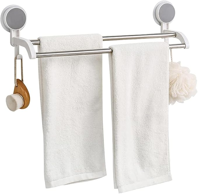 Fitto Bathroom Towel Bar with 2 Stainless Steel Poles, No Drilling, Bearing Weight 6.6 Lbs, Towels Hanger, Laundry Hook, Kitchen Rack, White