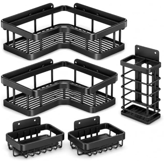 60 Pieces 5-Piece Wall Mounted Bathroom Organizer Sets with Corner Shelves (Storage Baskets and Hooks for Toiletries – Shower and Vanity – Black)