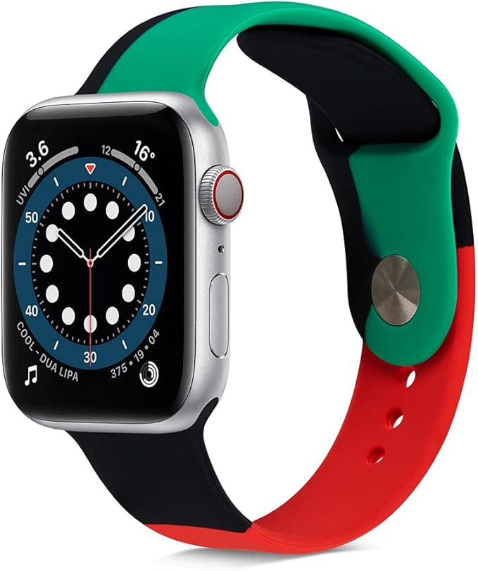 Fitto Apple watch band for 42mm/44mm, Soft Silicone beautiful contrast colored watchband for Apple watch series, iWatch Strap SE Series 7 6 5 4 3 2 1 women/men, Green red black