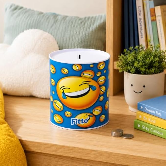 120 Pieces Blue Metal Coin Boxes with Top Coin Slot (Fun Emoji Design – Round Money Saving Tin – 13 x 15 cm)