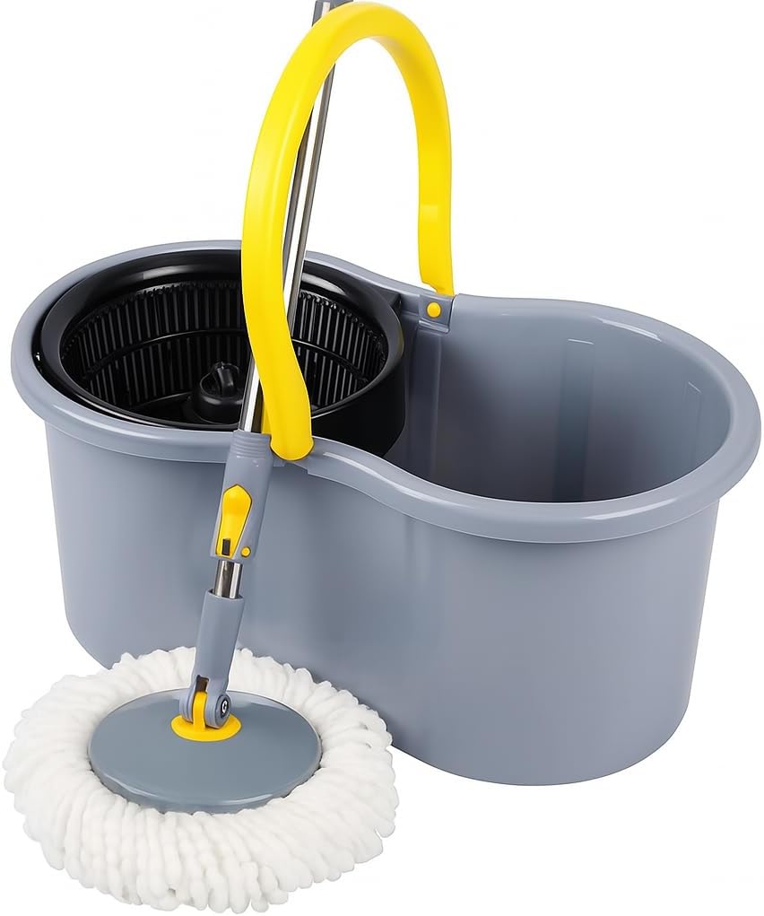 Grey 360° Spin Bucket Mop Set with 4 Easy Wheels - Adjustable Telescopic Handle, Durable Microfiber Mop Heads, Includes Extra Refill for Effortless Home Cleaning