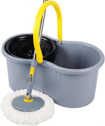 Grey 360° Spin Bucket Mop Set with 4 Easy Wheels - Adjustable Telescopic Handle, Durable Microfiber Mop Heads, Includes Extra Refill for Effortless Home Cleaning