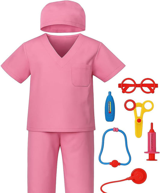 Doctor and Nurse Pink Scrubs Costume Set - Complete Outfit with Hat, Top, Pants, and Glasses - Perfect for Medical-Themed Parties and Halloween