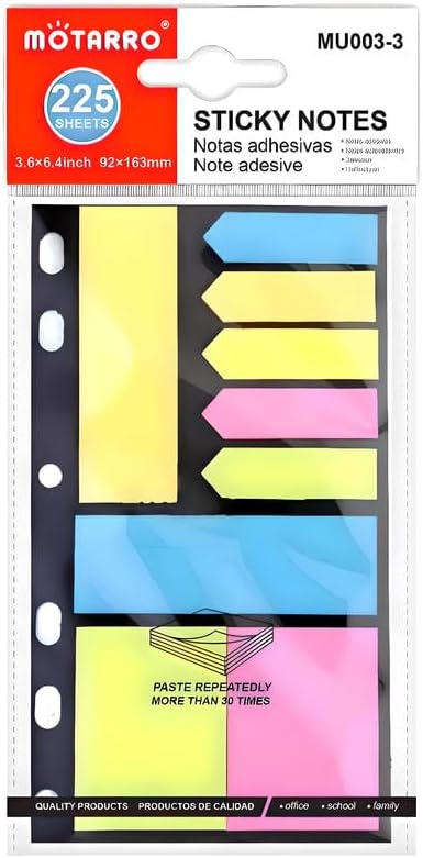 Sticky Notes 225 Sheets, 163mm x 92mm, Multi-Color, 9 in 1 Pack for Office and School Use