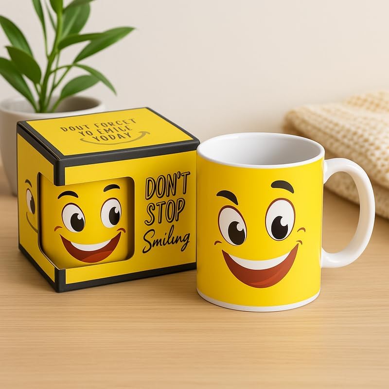 Yellow Ceramic Mug with Emoji Smiley, White Interior, 350ml Coffee Cup