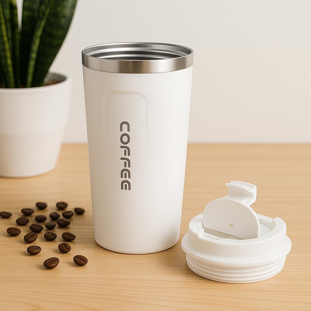 White Coffee Mug with Lid, 380ml Double Wall Insulated Stainless Steel Mug – Travel-Friendly, Leak-Proof Coffee Cup for Hot & Cold Beverages – BPA-Free, Spill-Resistant Mug for Office, Home