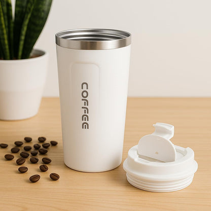 White Coffee Mug with Lid, 380ml Double Wall Insulated Stainless Steel Mug – Travel-Friendly, Leak-Proof Coffee Cup for Hot & Cold Beverages – BPA-Free, Spill-Resistant Mug for Office, Home