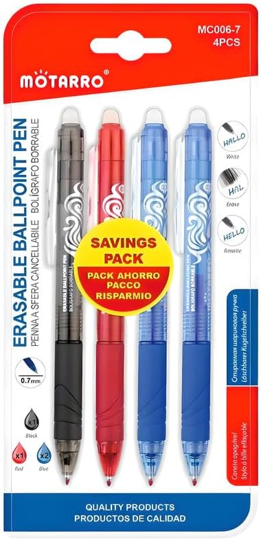 4 Pieces 0.7mm Erasable Ball Point Pens, 14.5cm, Fine Tip Ink for Writing