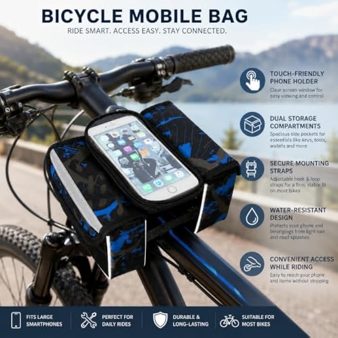 96 Pieces Bicycle Handlebar Phone Bags with Touch-Friendly Window (Water-Resistant Cycling Storage Pouch with Side Compartments and Adjustable Straps – Blue and Black)