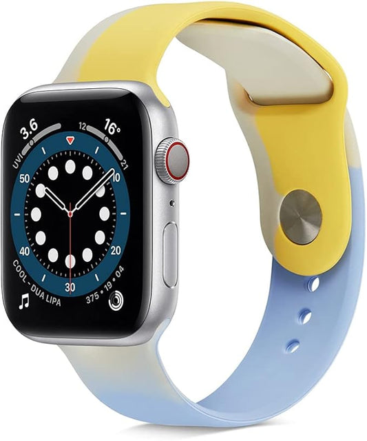 Fitto Apple watch band for 42mm/44mm, Soft Silicone beautiful contrast colored watchband for Apple watch series, iWatch Strap SE Series 7 6 5 4 3 2 1 women/men, Yellow Blue White