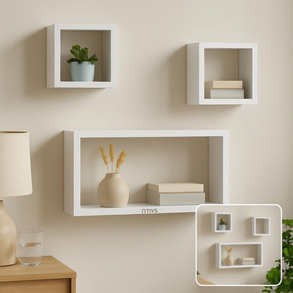Flt Wall Shelves Cuboid 3Pcs Set, White for Home and Office Storage