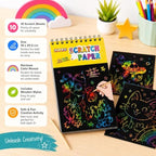 144 Pieces Rainbow Scratch Paper Art Sets (10 Black Scratch Sheets 14 x 20.5 cm with Wooden Stylus – Spiral-Bound Drawing Pad for Doodling – Crafts and Creative Activities)