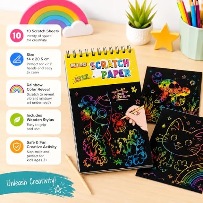 144 Pieces Rainbow Scratch Paper Art Sets (10 Black Scratch Sheets 14 x 20.5 cm with Wooden Stylus – Spiral-Bound Drawing Pad for Doodling – Crafts and Creative Activities)