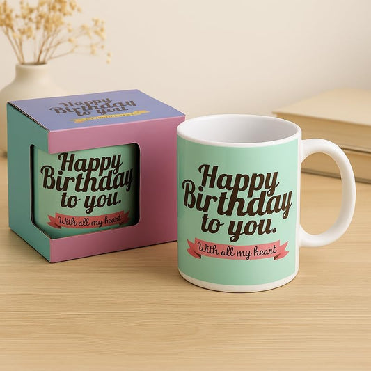 Green and White Ceramic Mug with Happy Birthday Print in Black, 350ml Coffee Cup