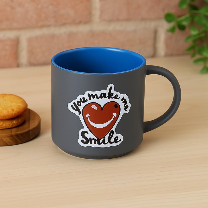 Matte Gray Ceramic Mug with Blue Interior and Heart Design - You Make My Love Smile