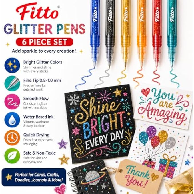 144 Pieces Glitter Pens (6-Piece Water-Based Fine Tip Marker Set – 0.8 – 1.0 mm Quick-Drying Assorted Colors for Journaling – Cards and Crafts)