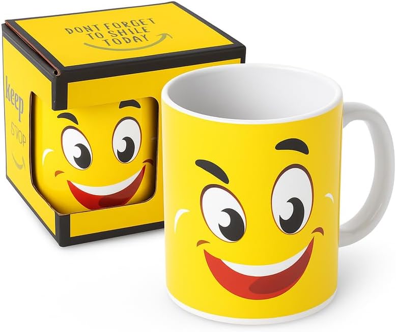 Yellow Ceramic Mug with Emoji Smiley, White Interior, 350ml Coffee Cup