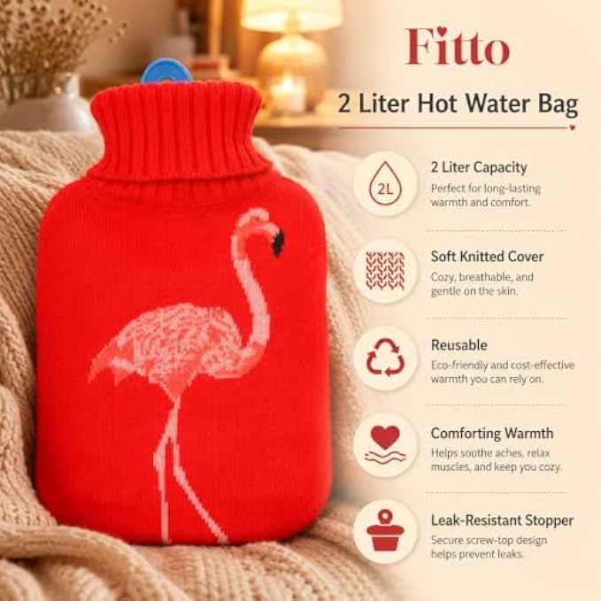 96 Pieces 2L Hot Water Bags with Red Flamingo Knitted Cover (Reusable Warm Water Bottle with Leak-Resistant Stopper for Home Comfort)