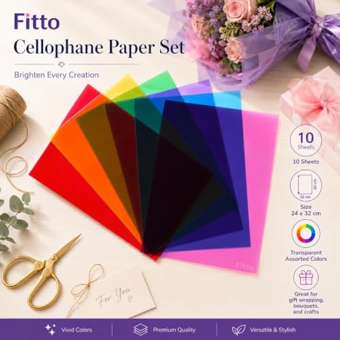 120 Pieces Cellophane Paper Packs (10 Assorted Transparent Color Sheets per Pack – For Gift Wrapping – Bouquets – Crafts and Decorations)