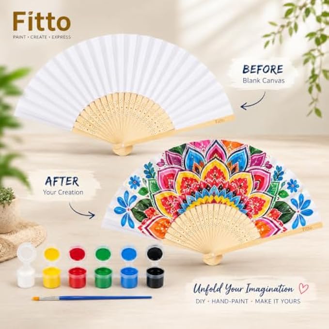 120 Pieces DIY Folding Hand Fan Painting Kits with White Paintable Fan (6 Paint Pots and Brush – Natural Wood and Assorted Colors)