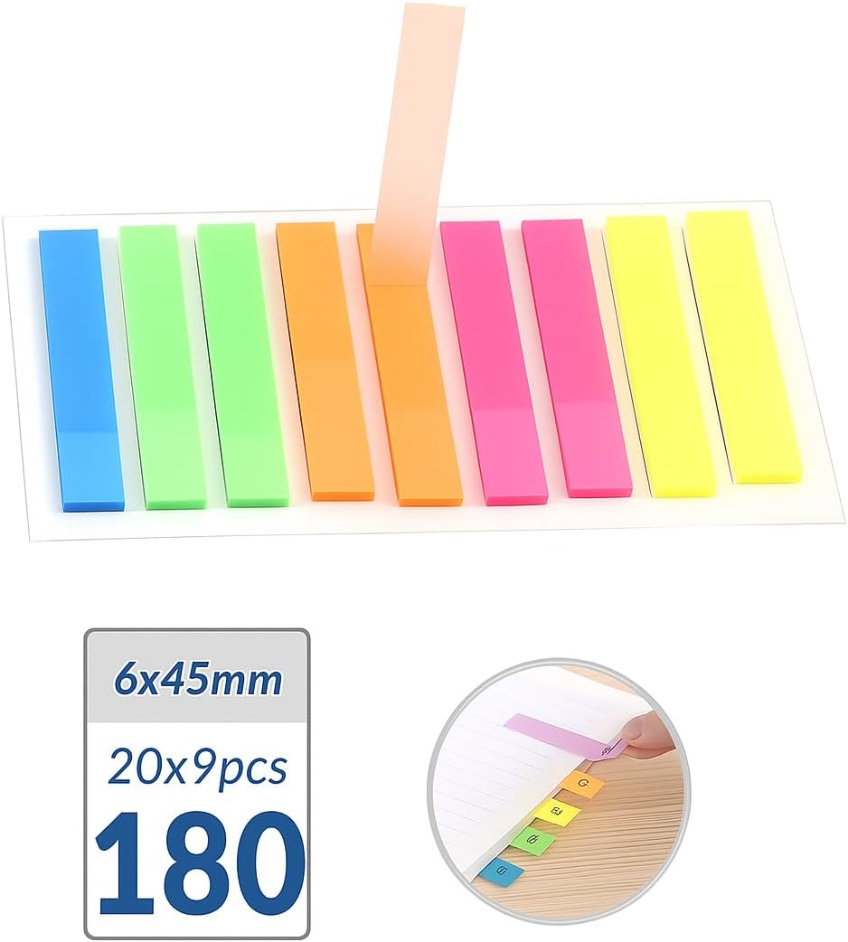 144 Pieces Page Markers (6x45mm – 180 Sheets – 20x9PCS – Sticky Index Tabs for Organizing and Marking)