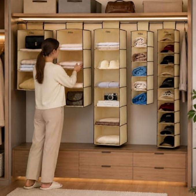96 Pieces Hanging Closet Organizers (Beige Fabric Wardrobe Storage Shelf for Clothes – Bags – Shoes and Accessories)