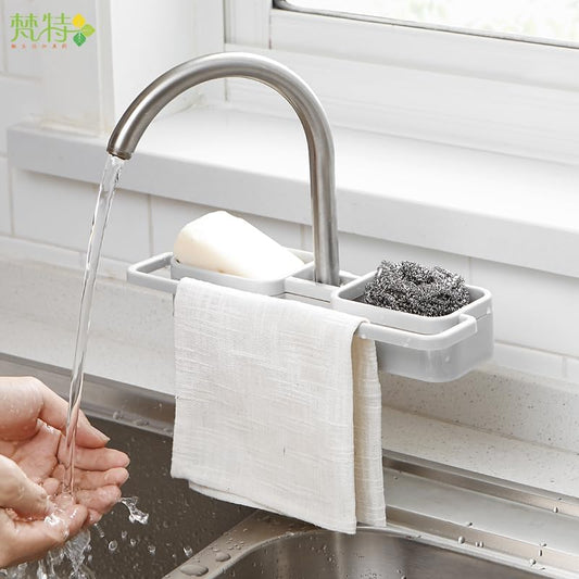 Dual Compartment Sink Faucet Shelving with Adjustable Snap Design – Grey