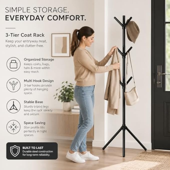 72 Pieces 3-Tier Freestanding Metal Coat Racks with Multiple Hooks and Tripod Base for Coats (Hats – Bags – Entryway – Bedroom and Office – Black)