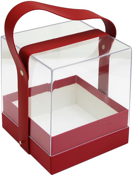 Transparent Acrylic Gift Square Box 14x14x14cm Red with Handle for Storage and Display