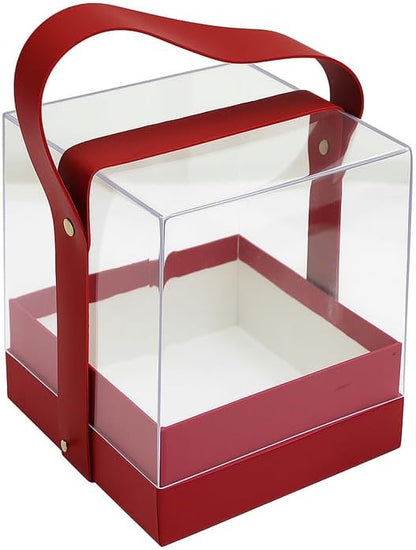 Transparent Acrylic Gift Square Box 14x14x14cm Red with Handle for Storage and Display