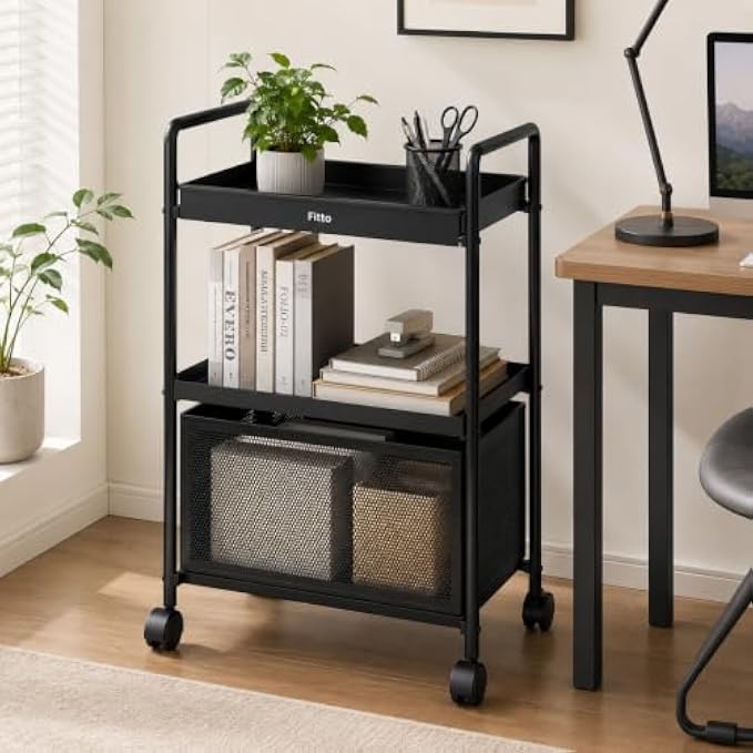 72 Pieces 3 Tier Multifunctional Storage Racks (Rolling Organizer Shelf with Wheels for Kitchen – Bathroom – Bedroom and Living Room – Black and Wood)