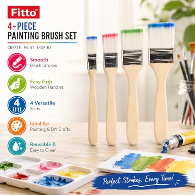 144 Pieces Flat Painting Brush Sets (4-Piece Assorted Sizes with Wooden Handles for Acrylic Paint – Watercolor – Crafts and DIY Projects)