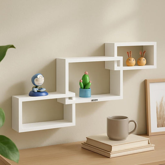 Interlocked Cuboid Wall Shelves Set of 3, White
