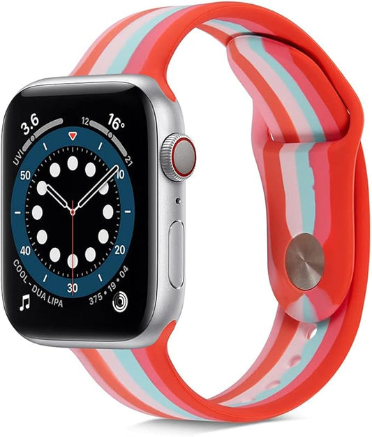 Fitto Apple watch band for 38mm/40mm, Soft Silicone beautiful rainbow colored watchband for Apple watch series, iWatch Strap SE Series 7 6 5 4 3 2 1 women/men, Red Blue White