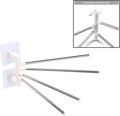 Stainless Steel Self-Adhesive 4-Arm Swing Towel Rack – Rotating Wall-Mounted Towel Holder for Bathroom, Kitchen & Wash Basin