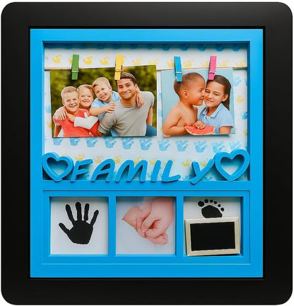 Baby Boy Photo Frame with Black Frame and Blue Border, 4 Photo Slots, Nursery Decor