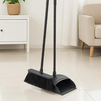 Long Handle Dustpan and Brush Set, Black, Durable Cleaning Tool for Home and Office