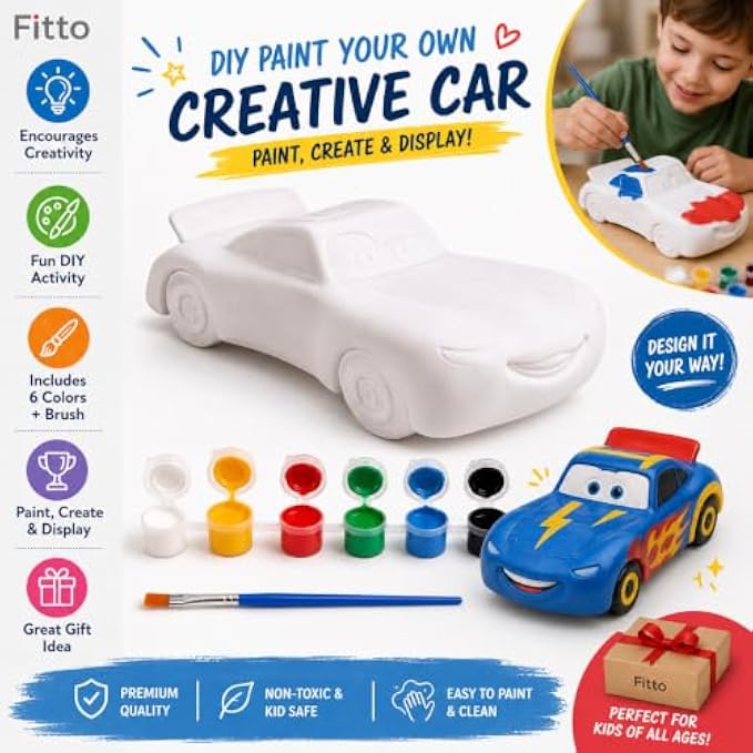 96 Pieces DIY Creative Car Painting Kits with White Paintable Car Model (6 Paint Pots and Brush – Assorted Colors)