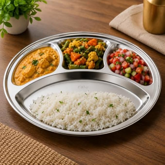 96 Pieces Stainless Steel Mess Trays (4 Compartment Round Food Plate – 304 Food-Grade Steel Dinner Thali – Reusable Serving Plate for Home – Canteen – Office)