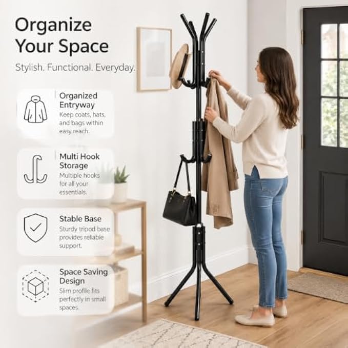 72 Pieces Freestanding Metal Coat Racks with Multiple Hooks and Tripod Base for Coats (Hats – Bags – Entryway – Bedroom and Office – Assorted Colors)