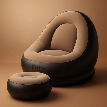 Thickened Flocking Inflatable Sofa & Footstool Set – Portable Lazy Sofa Bed with Air Cushion Recliner, Foldable PVC Material, Brown, Maximum Load 100kg