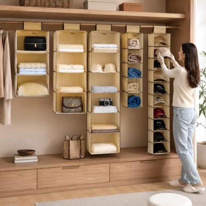 96 Pieces Hanging Closet Organizers (Beige Fabric Wardrobe Storage Shelf for Clothes – Bags – Shoes and Accessories)