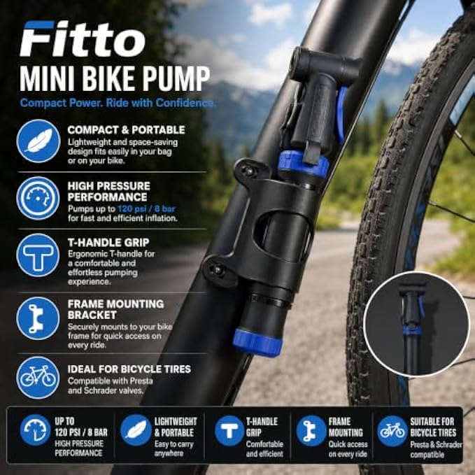 96 Pieces Mini Bike Pumps (Portable High-Pressure Bicycle Pump up to 120 PSI / 8 Bar with T-Handle and Frame Mount – Presta and Schrader Compatible – Black and Blue)