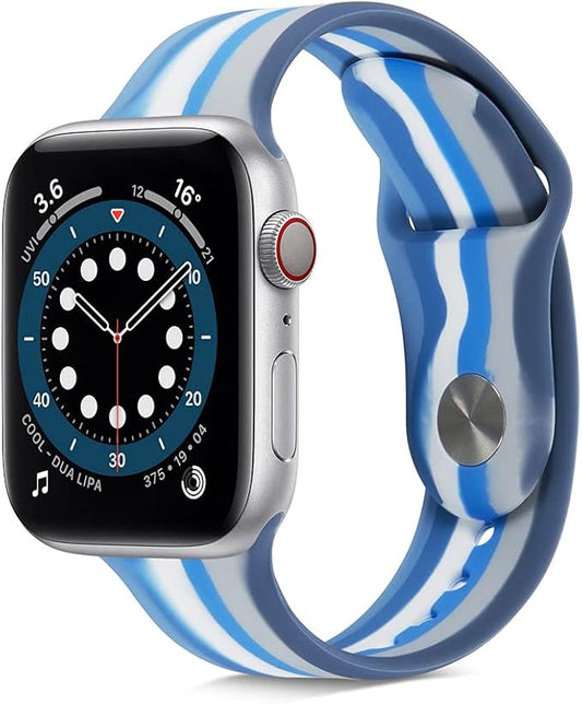 Fitto Apple watch band for 42mm/44mm, Soft Silicone beautiful rainbow colored watchband for Apple watch series, iWatch Strap SE Series 7 6 5 4 3 2 1 women men, Blue white Silver